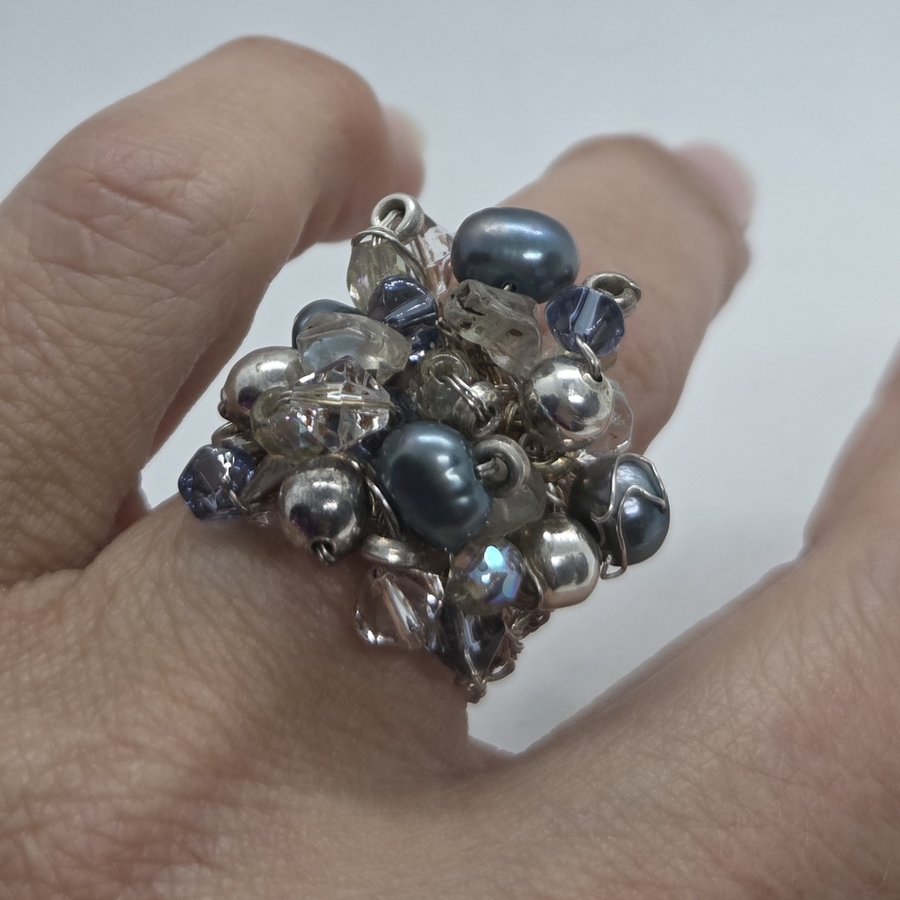 Ring Size 7 - Chic Sterling Silver Cable Knit Beaded With Pearls And Crystals